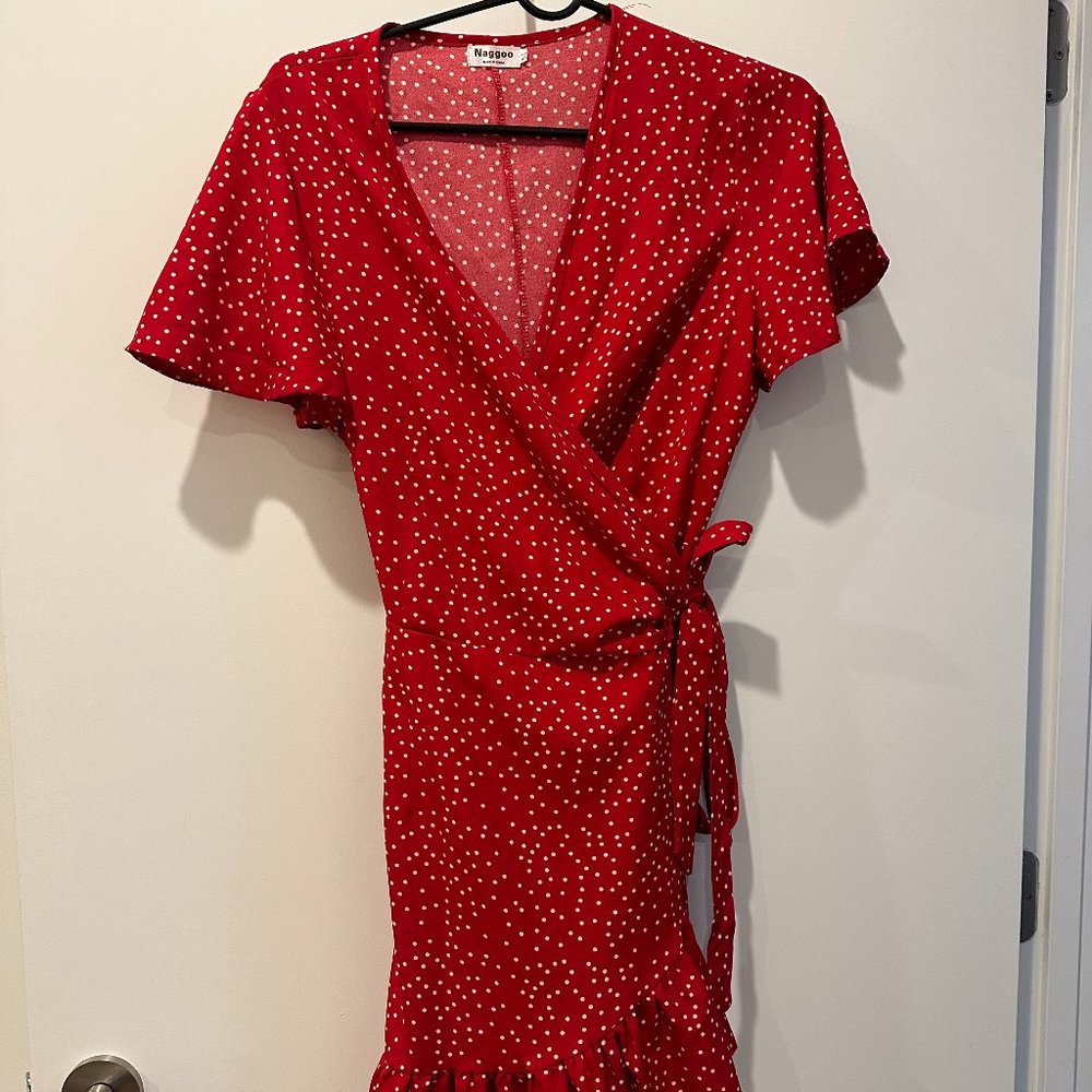 Women's Summer Wrap V Neck Polka Dot Print Ruffle Short Sleeve Mini Dress